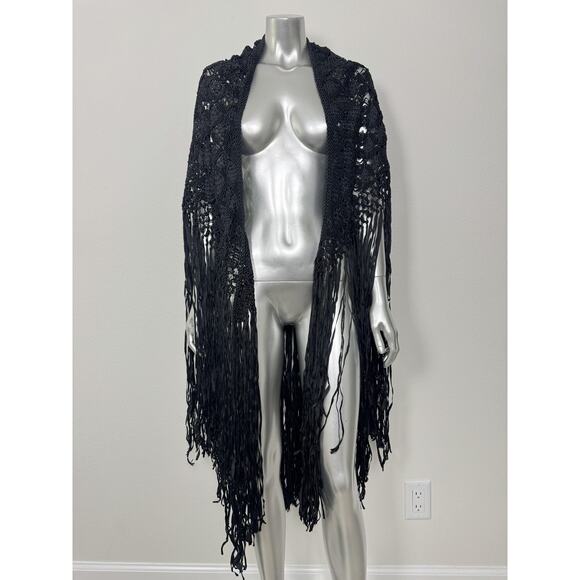 Macrame Poncho Fringe Shawl Womens One Size Black Boho Festival Wrap Crochet - Picture 1 of 9